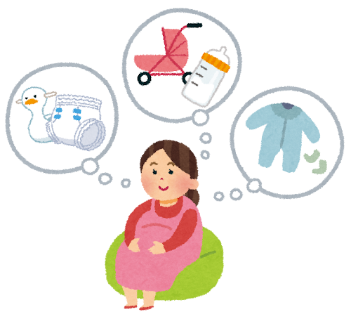妊娠中の女性のイラスト「必要なものを考える」